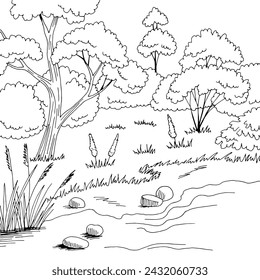 Forest River Grafik Schwarz Weiß Landschaft Skizze Illustration Vektor 