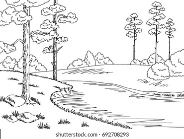 Forest river graphic black white landscape sketch illustration vector