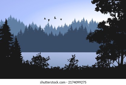Forest and river landscape. Coniferous forest silhouette at sunrise