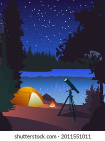 Forest and river landscape, summer camping, telescope expidition, overnight near to bonfire in tent, star seeing. Editable vector illustration for banner, web site, social media