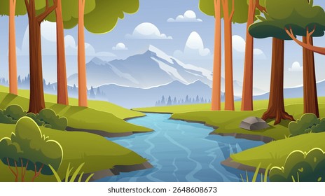 Forest river landscape. Woods on green lawn near water and mountain silhouettes. Trees and bushes in sunny day. Beautiful natural panorama. Cartoon vector illustration
