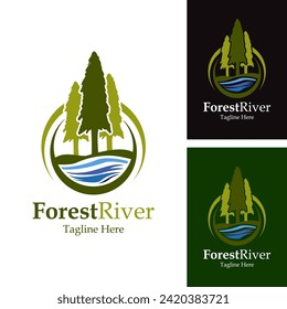 Forest River Logo Design Template With Pine Tree.