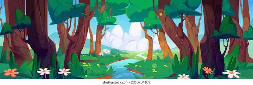 Forest river and meadow cartoon landscape. Horizontal panoramic vector background with stream flowing between trees, green grass and flowers. View from woods to pasture and sky with clouds.