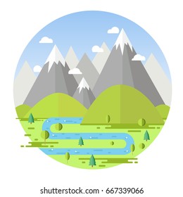  forest ,river  and mountains in the background. Sport, camping, adventures in nature, vacation, and tourism vector illustration.