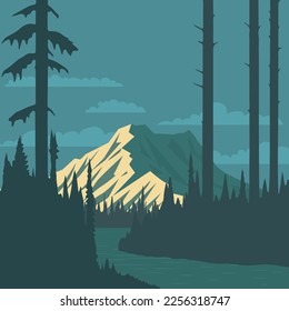Forest, river and mountains. Vector  landscape