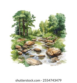 forest river with rocks vector illustration in watercolor style