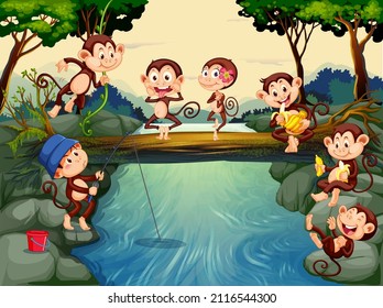 Forest river scene with monkey cartoon characters illustration