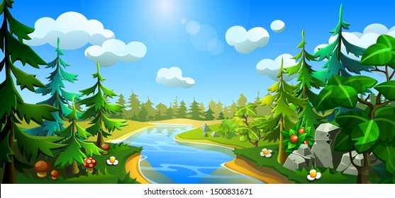 Forest with a river, spruces, mushrooms and stones. Summer landscape of nature. Cartoon illustration.