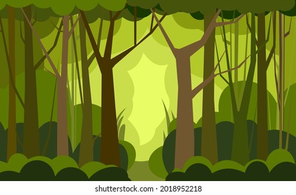 Forest Road. Dense wild trees with tall, branched trunks. Summer green landscape. Silhouettes without gradient. Flat design. Cartoon style. Vector