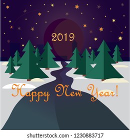 Forest road with firs, leading the new year in the city on the background of the night sky and the moon