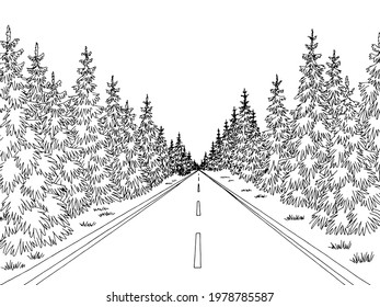 Forest road graphic black white landscape sketch illustration vector 