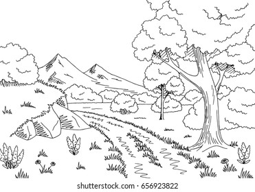 Forest road graphic black white landscape sketch illustration vector