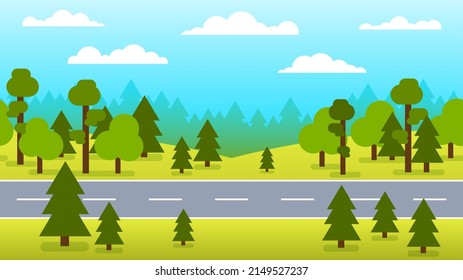 Forest road. Highway passing through the green forest. Horizontal vector cartoon illustration.