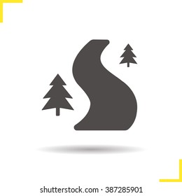 Forest Road Icon. Drop Shadow Curved Country Road Silhouette Symbol. Wild Nature. Winding Forest Path With Trees. Logo Concept. Vector Isolated Illustration