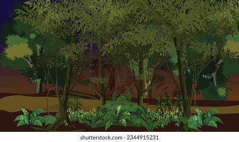 A forest road illustration. A forest with green trees and flowers illustration. A road through forest cartoon illustration.