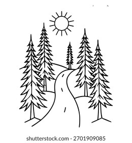 Forest Road Landscape Vector Illustration with Pine 