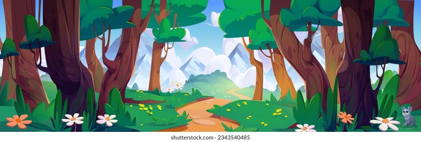 Forest road to mountain summer sky background. Green grass and tree nature sunny outdoor environment illustration with chamomile flowers and mouse. Travel paradise foliage woodland park landscape