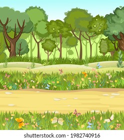 Forest road. Summer landscape. Dense foliage. Views of hills and green trees. Nature illustration. Cartoon flat style. Meadow of a flower meadow. Trunks of trees. Vector