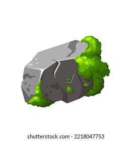 Forest rock with moss. Gray stone brocken in cartoon. Mountain part of natural design shape. Vector illustration.