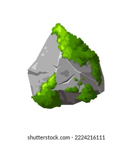 Forest rock with moss. Gray stone brocken in cartoon. Mountain part of natural design shape. Vector illustration.