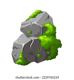 Forest rock with moss. Gray stone brocken in cartoon. Mountain part of natural design shape. Vector illustration.