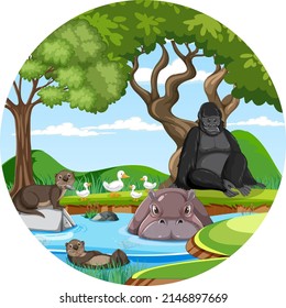 Forest in round shape with wild animals illustration