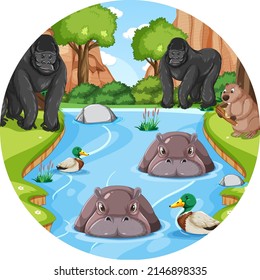 Forest in round shape with wild animals illustration
