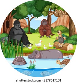 Bosque en forma redonda con ilustración de animales salvajes