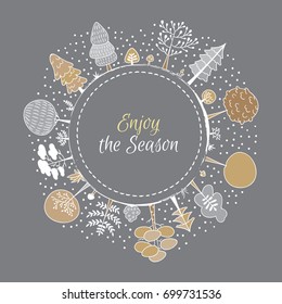Forest round vector ornament with white, grey and gold frame decoration. Doodle trees postcard design. Circle botanic illustration in colors of autumn, spring or winter