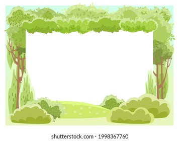 Forest. Rural summer beautiful landscape. Horizontal frame. Cartoon style. Trees, bushes and meadow on the hill. Place for your text. Flat design illustration. Vector art