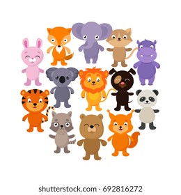 Forest, savana and jungle baby animals. Cartoon vector character set. Young happy character animals illustration