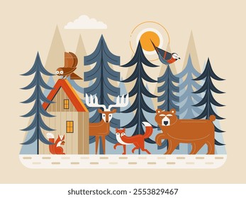 Forest scene with animals and birds in Scandinavian woodland with wooden hut. Natural wildlife landscape. Geometric creatures living in dense coniferous forest with log cabin among trees.