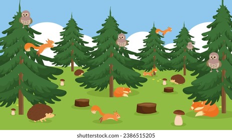 Forest scene with animals in flat style. Cartoon illustration of forest scene for web design