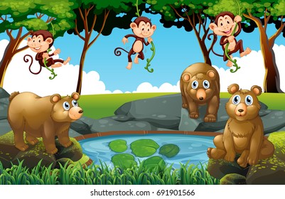 Forest scene with bears and monkeys illustration