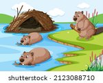Forest scene with beavers building a dam house illustration