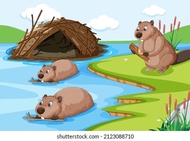 Forest scene with beavers building a dam house illustration