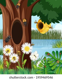 Forest scene with bee hive and other insects illustration