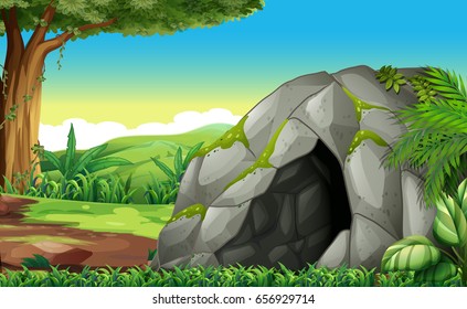 Forest scene with cave illustration