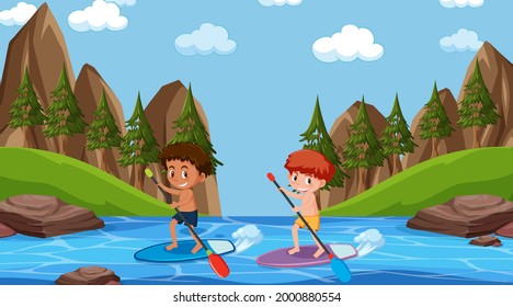 Forest scene with children on surfboard in the river illustration