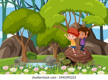 Forest scene with children playing with a turtle illustration