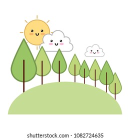 forest scene with cloud and sun kawaii character