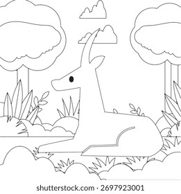 A forest scene coloring page with a deer. Perfect for children's coloring books. Illustrated in black and white outline.