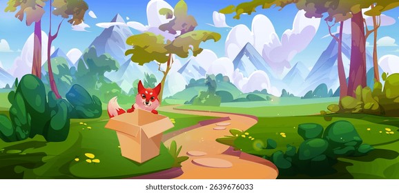 Forest scene with curious fox looking inside open cardboard box on grassy meadow, winding path through trees and bushes leading to mountains. Whimsical nature landscape for children stories, game bg.
