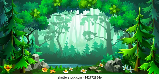 Forest scene with deciduous trees and firs around. Panorama cartoon forest. Vector illustration.