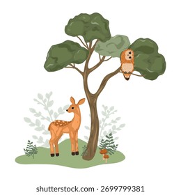 Cena de floresta com cervo e coruja ilustração vetor. Ilustração infantil. Ilustração desenhada à mão de animal de floresta