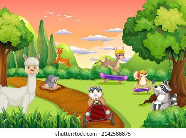 Forest scene with different kinds of animals illustration