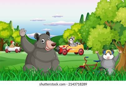 Forest scene with different kinds of animals illustration