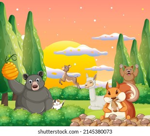 Forest scene with different kinds of animals illustration