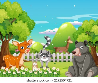 Escena forestal con diferentes tipos de ilustración de animales