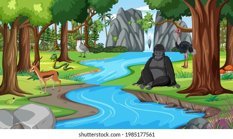 Escena forestal con diferentes ilustraciones de animales salvajes